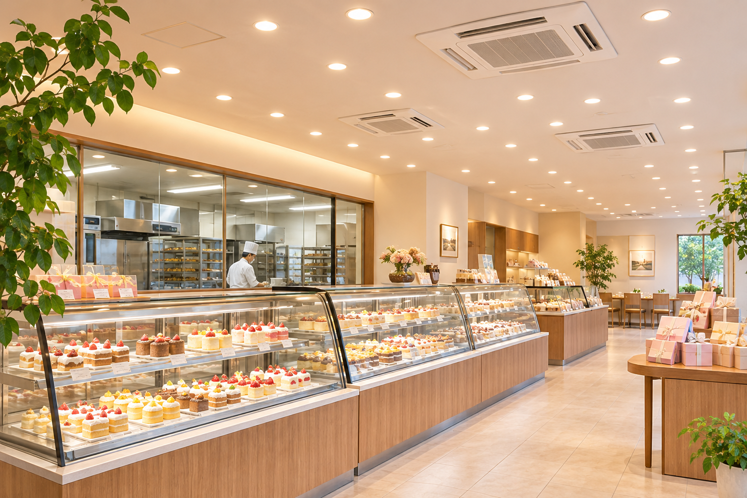 洋菓子店の売場とショーケースを描いたイメージ画像